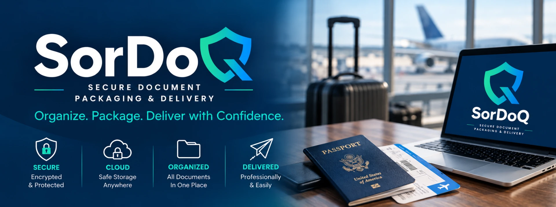 SorDoq — Secure Document Packaging & Delivery. Organize. Package. Deliver with Confidence. Travel documents, a passport and laptop; secure, cloud, organized and delivered.